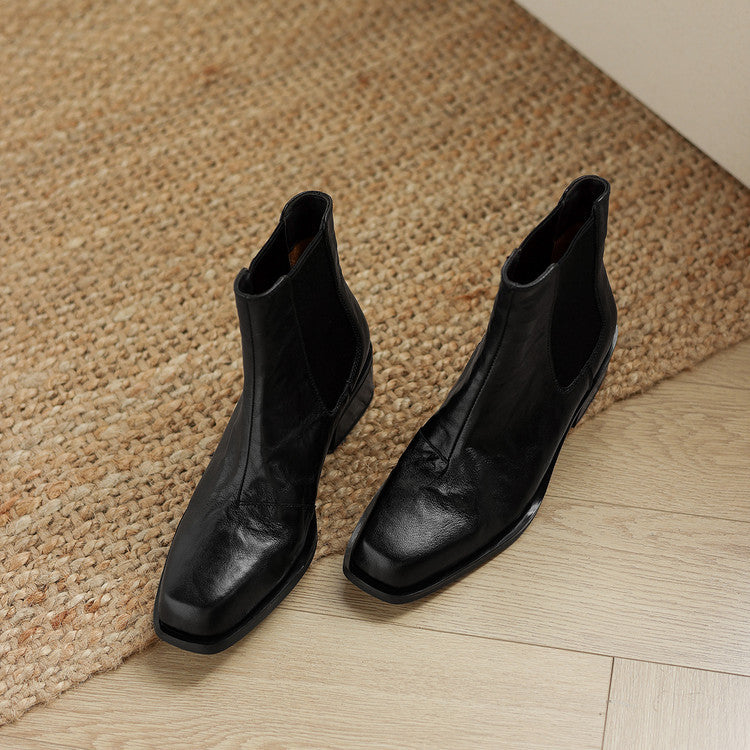 Retro pleated sheepskin thick heel small short boots women's boots 2025 autumn and winter new square head sleeve middle heel Chelsea boots women