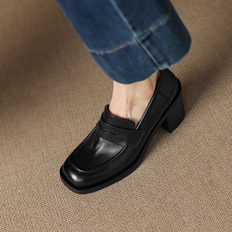 Retro full leather thick heel deep mouth casual loafers women's 2025 autumn new one-pedal high-heeled commuter shoes