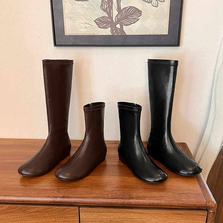 2025 autumn and winter new two kinds of tube height and thin versatile fashion boots women's round head side zipper inner height increasing boots long boots short boots