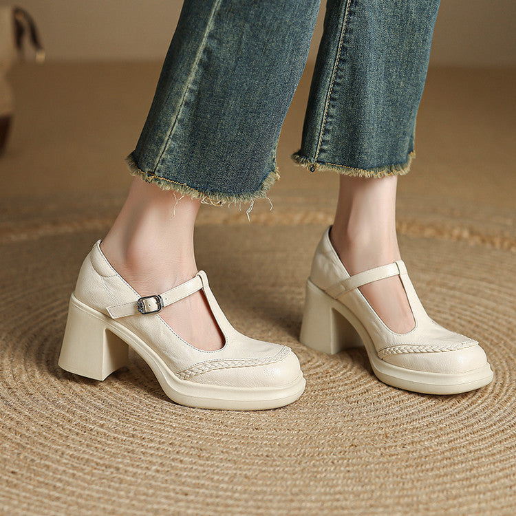 French woven hand-scratched sheepskin high heels 2025 autumn new fashion T-buckle with thick heel Mary Jane single shoes women