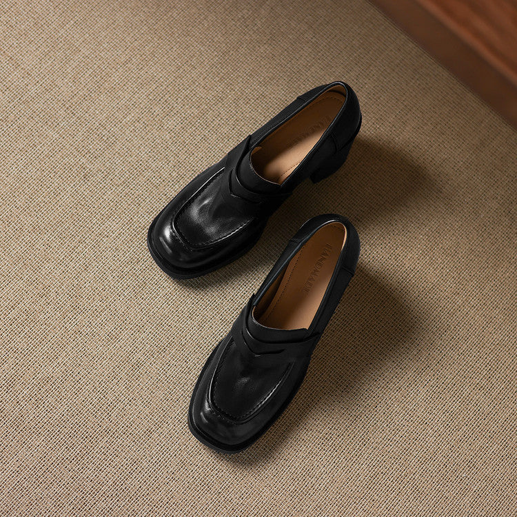 Retro full leather thick heel deep mouth casual loafers women's 2025 autumn new one-pedal high-heeled commuter shoes