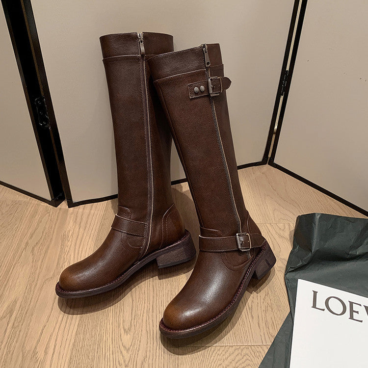 Skinny and versatile thick-heeled knight boots women's boots 2025 winter new round head trendy cool belt buckle middle heel but knee boots