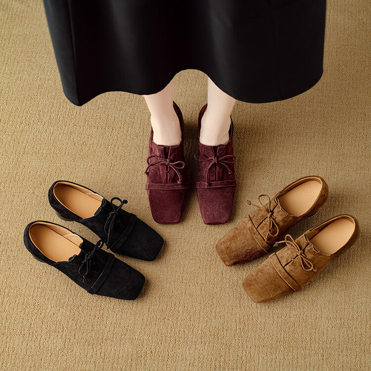 Retro style sheep flip thick heel large size women's single shoes 2024 autumn new square head commuting versatile lace-up special-shaped heel shoes