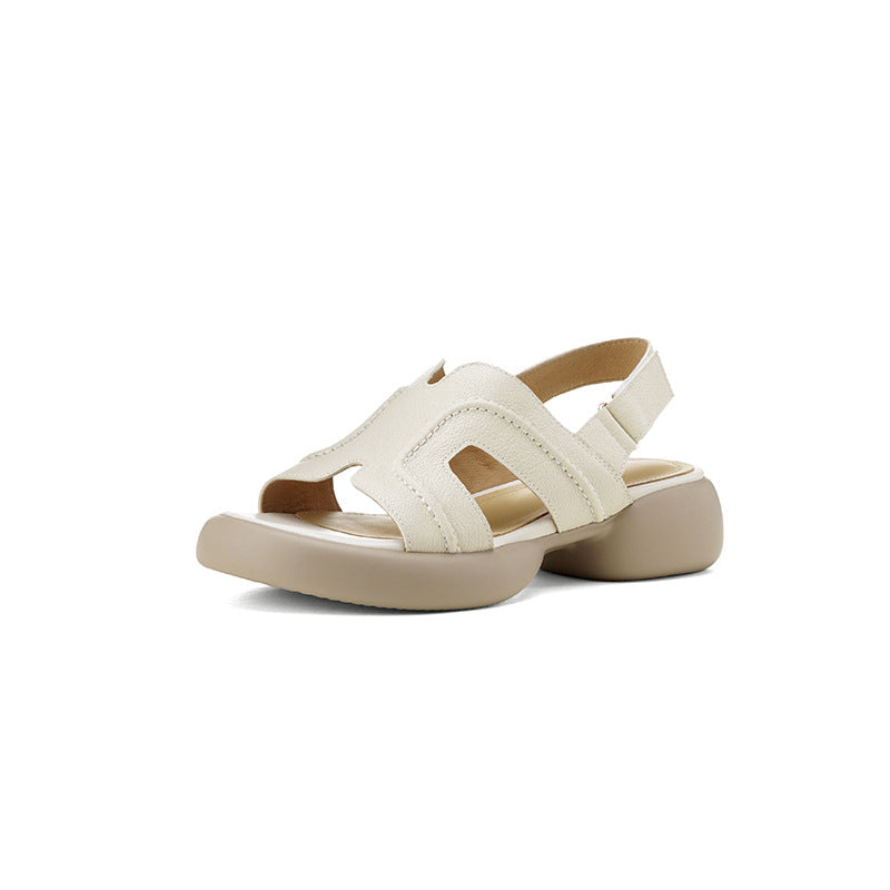 Thick-soled open-toed casual sandals women's 2025 summer new soft-faced sheepskin round head Velcro medium heel women's shoes size 40