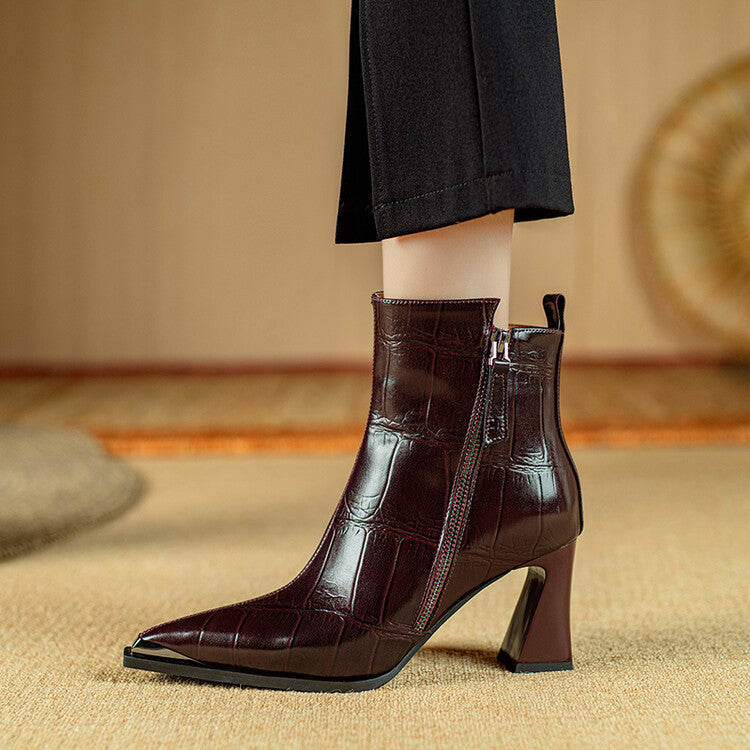 Metal pointed elegant thick heel short boots women's 2024 autumn and winter new fashion side zipper temperament high heel fashion boots size 40