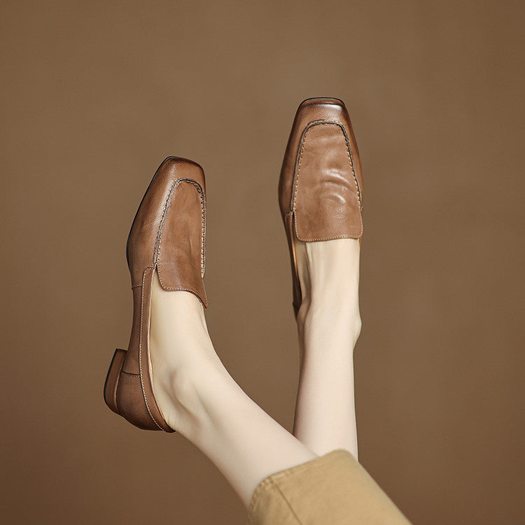 Retro cowhide square head low heel deep mouth loafers women's shoes 2025 autumn new one-pedal commuter thick heel single shoes