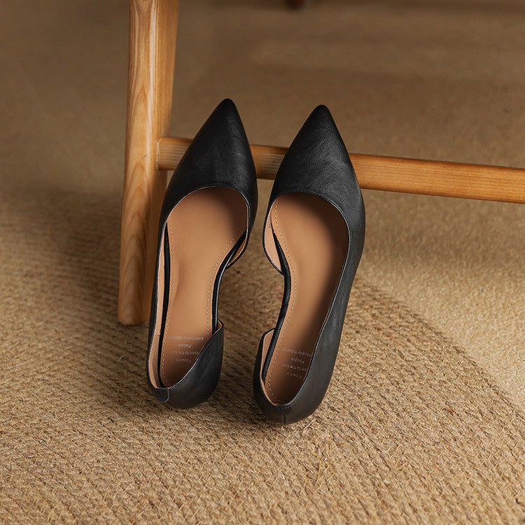 Korean version of temperament pointed head shallow mouth side empty single shoes women's 2025 spring and summer new comfortable cowhide one-pedal commuter women's shoes