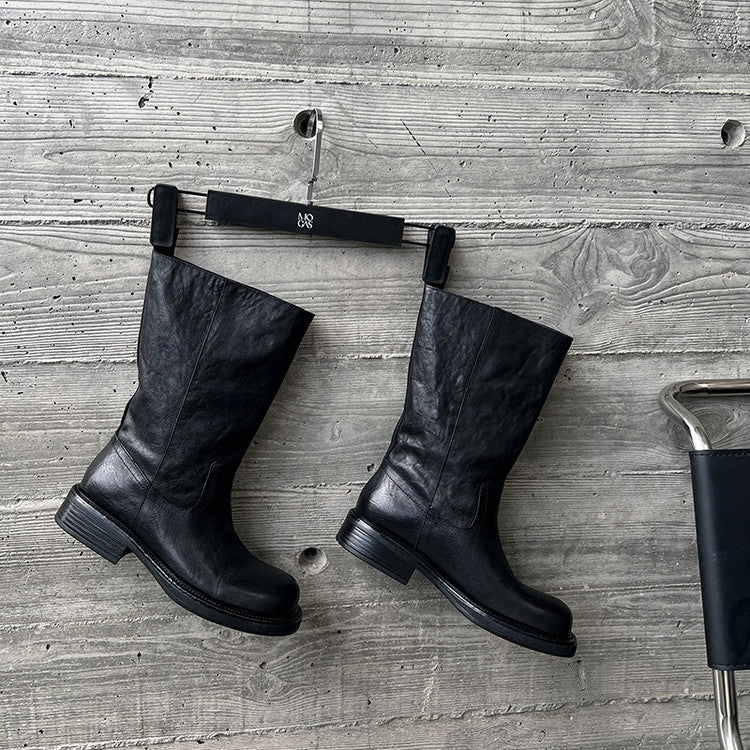 British retro textured cowhide square head thick heel medium boots 2025 autumn and winter new versatile medium heel fashion boots women