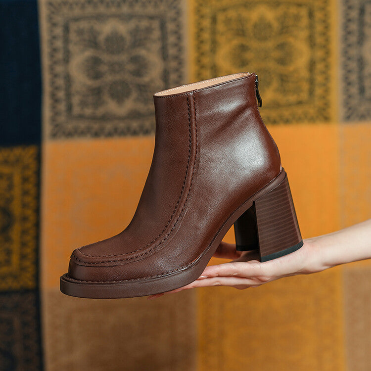 Textured cowhide thick-heeled short boots for women's autumn and winter new British style square head temperament high-heeled fashion boots, one piece is sent on behalf of others.