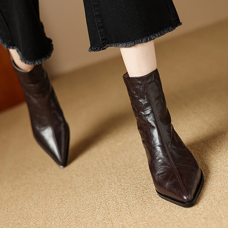 Fashion hand-grabbed sheepskin medium heel short boots women's boots 2025 autumn and winter new retro pointed rear zipper thick heel thin boots