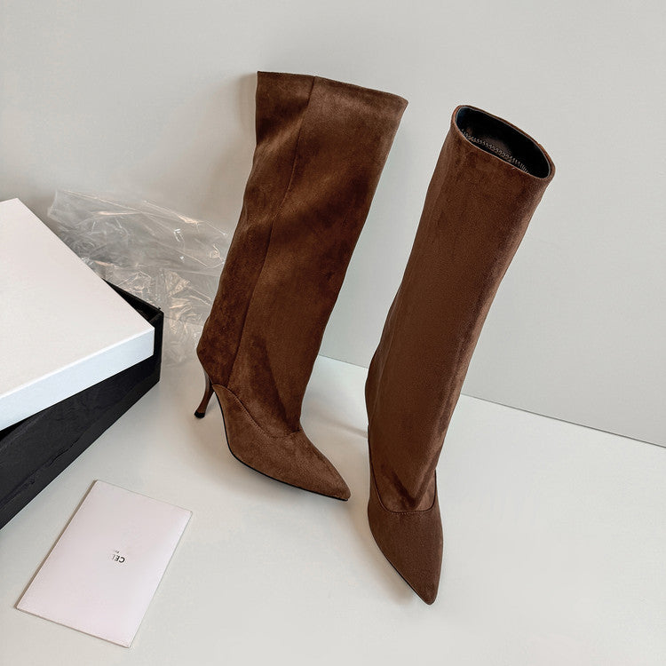 2025 autumn and winter new Spice Girl pointed high-heeled temperament boots women's European and American fashion sleeve sexy stiletto fashion boots