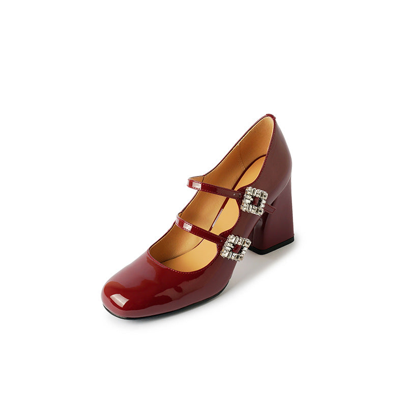 Silver double rhinestone buckle high heels foreign Mary Jane 2024 spring new patent leather round head leather thick heel single shoes women