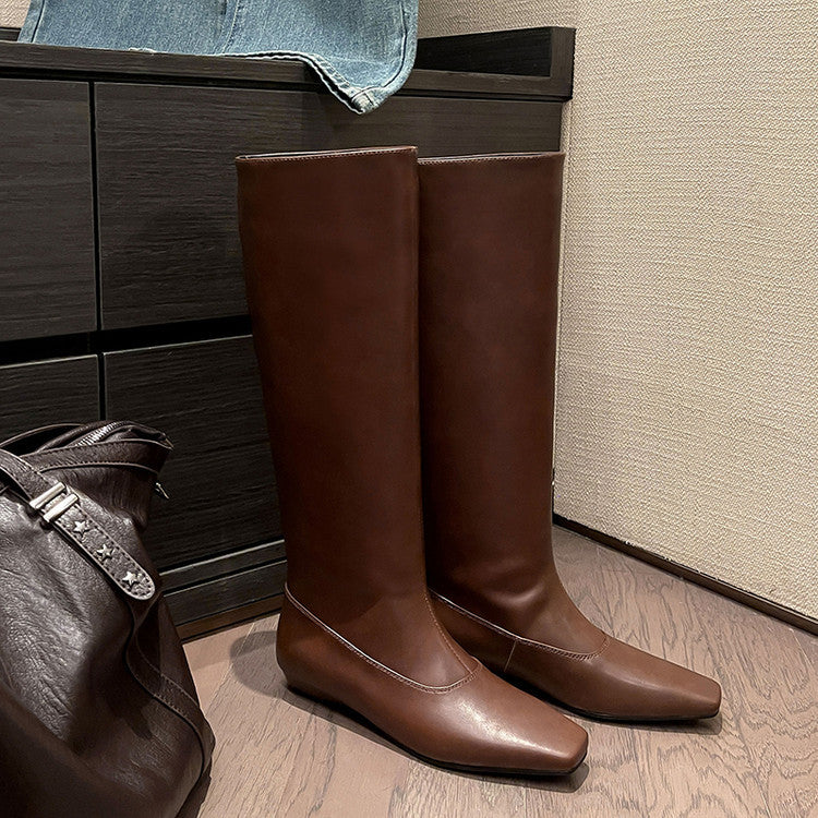 European and American style versatile low heel but knee boots women's 2025 autumn and winter square head one pedal sleeve fashion boots women's boots