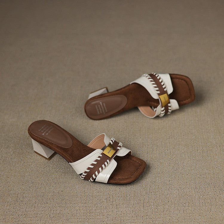 French fashion color matching thick heel outer slippers women's summer 2025 new metal square head open toe middle heel sandals