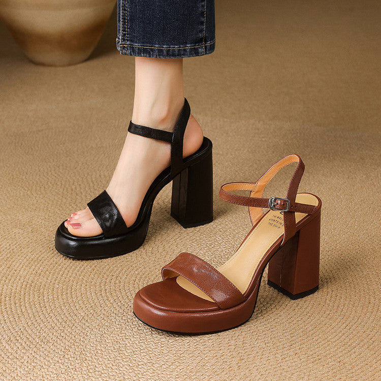 European and American temperament hand-scratched sheepskin high heels 2025 summer new shoes round head one-word buckle with open-toed thick heel sandals women