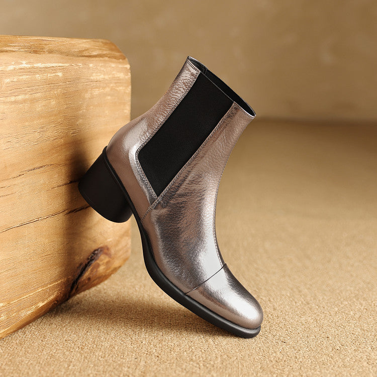 Soft sheepskin thick heel Chelsea boots women's boots 2025 autumn and winter new round head fashion splicing medium heel women's short boots