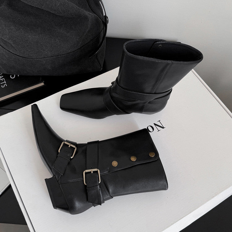 Fashion belt buckle knight boots low heel medium boots women's boots 2025 autumn and winter new square head thick heel fashion boots women