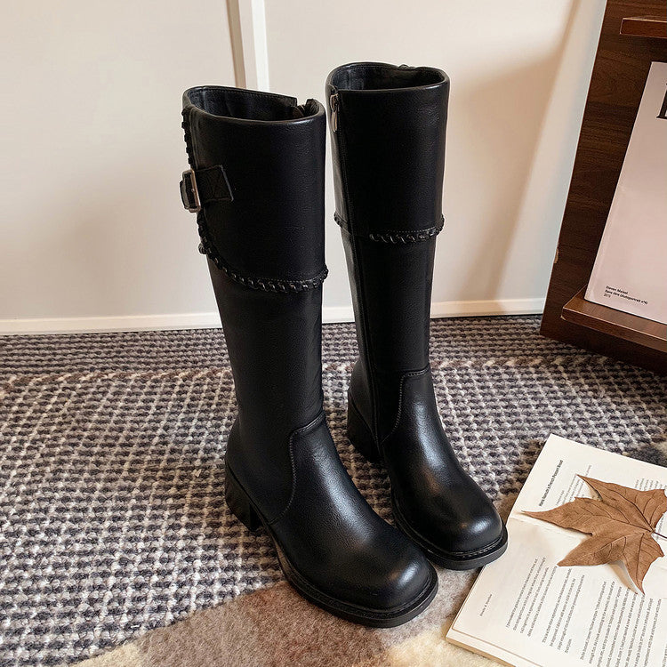 2025 autumn and winter new British round head fashion belt buckle high-heeled knight boots women's versatile side zipper thick-heeled boots