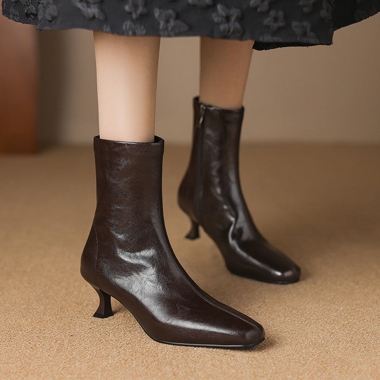 Large size medium heel thin short boots women's autumn and winter 2025 new square head side zipper versatile low heel thin boots women's boots