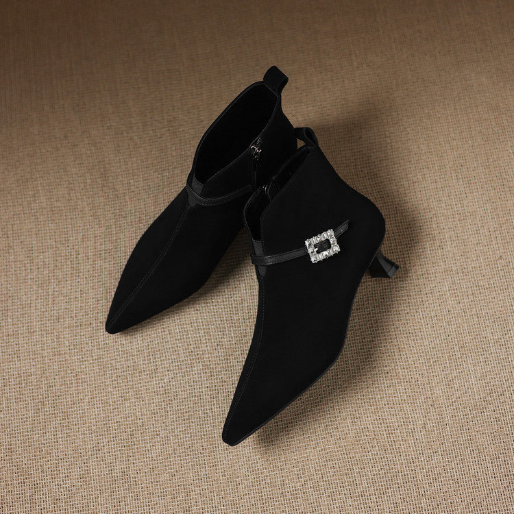 Retro sheep flip mid-heel and bare boots women's boots 2025 autumn and winter new pointed fashion rhinestone buckle thick heel large size short boots