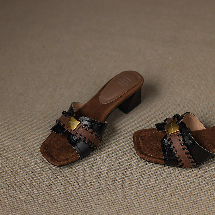 French fashion color matching thick heel outer slippers women's summer 2025 new metal square head open toe middle heel sandals