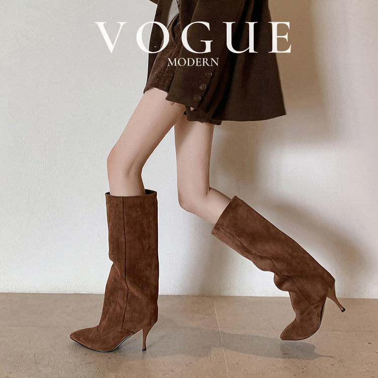 2025 autumn and winter new Spice Girl pointed high-heeled temperament boots women's European and American fashion sleeve sexy stiletto fashion boots