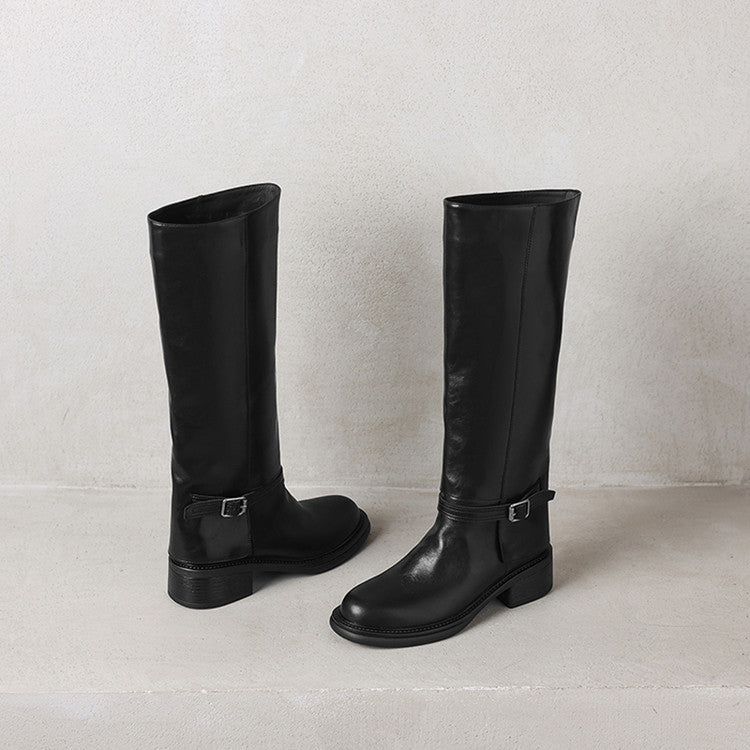 Temperament Versatile Belt Buckle Coarse Heel Tall Knight Boots Women's 2025 Autumn and Winter New Round Head Middle Heel Knee Boots