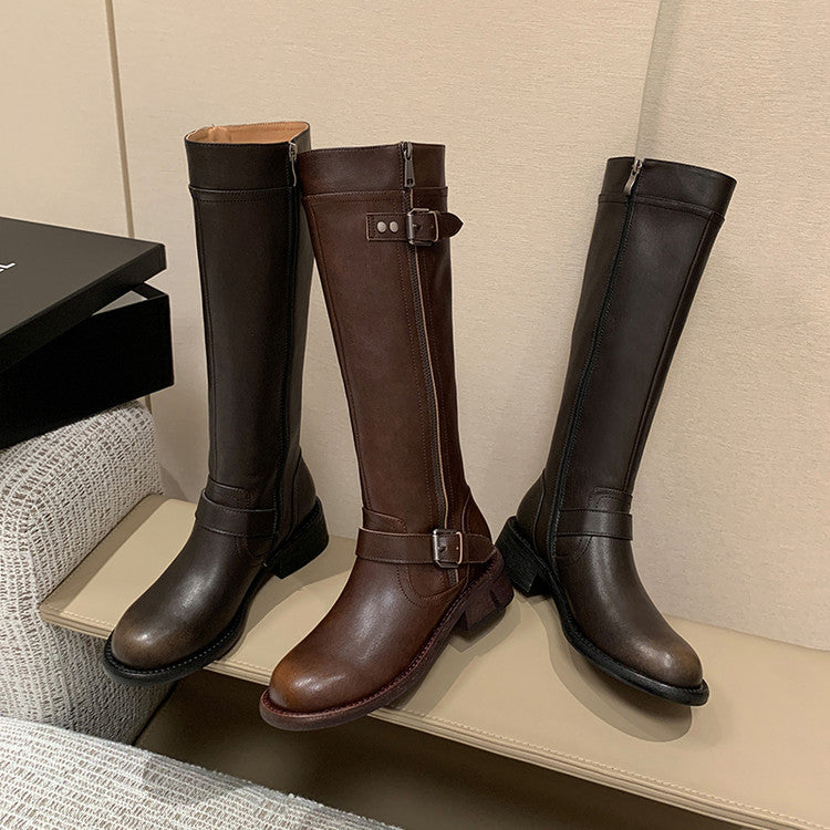 Skinny and versatile thick-heeled knight boots women's boots 2025 winter new round head trendy cool belt buckle middle heel but knee boots