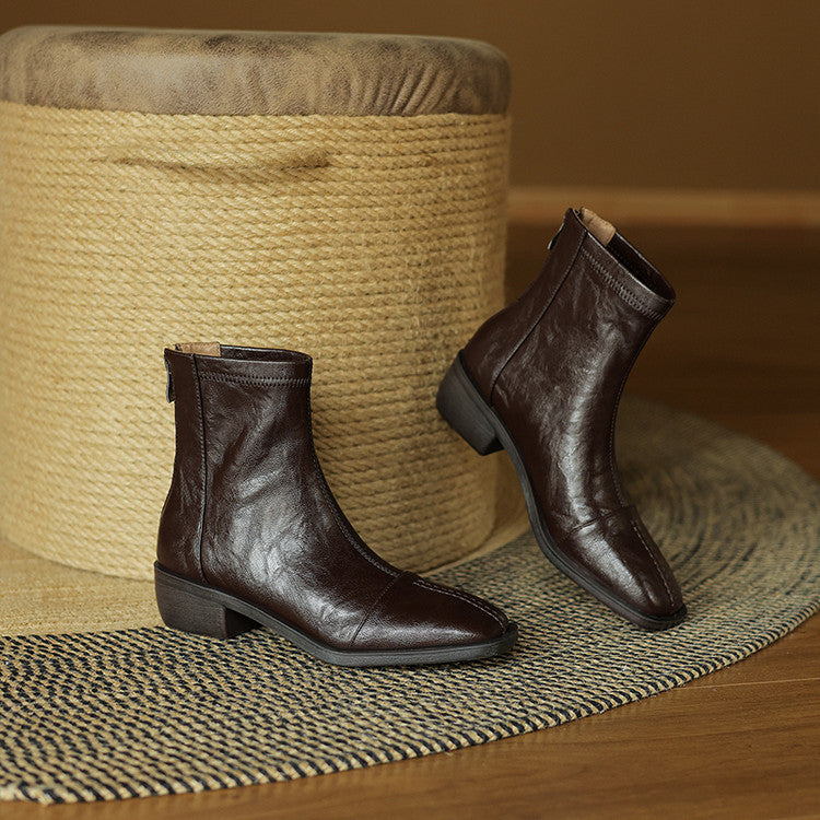 Retro style medium heel commuting comfortable small short boots women's 2025 autumn and winter new square head rear zipper thick heel fashion women's boots