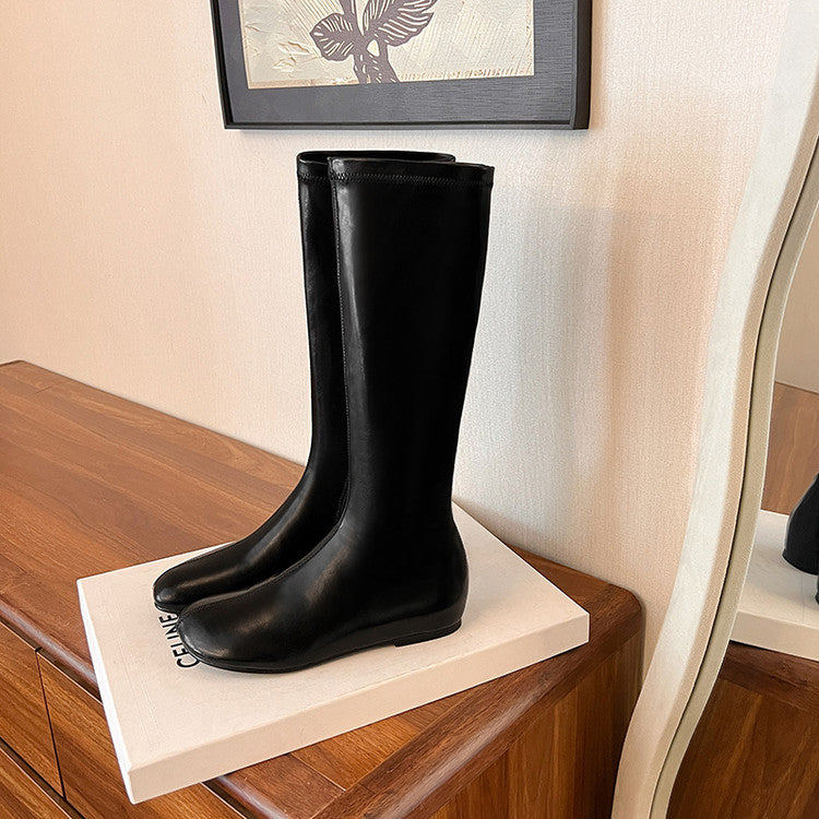 2025 autumn and winter new two kinds of tube height and thin versatile fashion boots women's round head side zipper inner height increasing boots long boots short boots