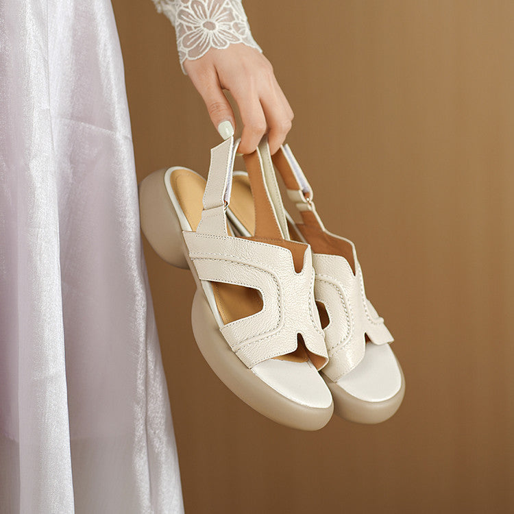 Thick-soled open-toed casual sandals women's 2025 summer new soft-faced sheepskin round head Velcro medium heel women's shoes size 40