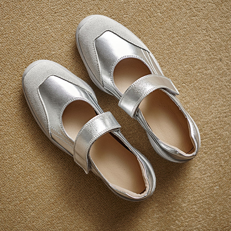 Versatile platform sports style silver Mary Jane single shoes women's 2025 spring and autumn Velcro retro splicing light mouth women's shoes