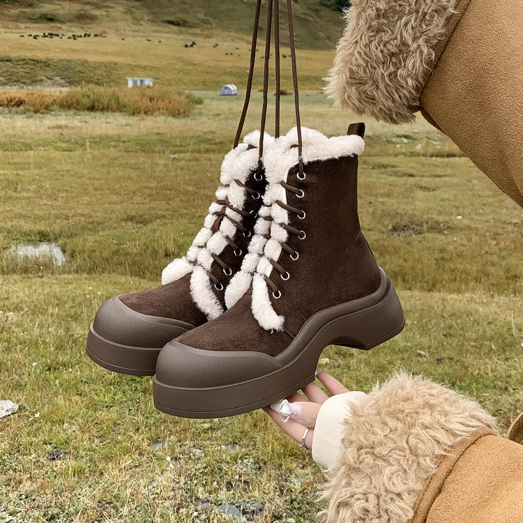 2025 winter new warm velvet snow boots women's boots fashionable splicing round head small thick sole lace-up short boots