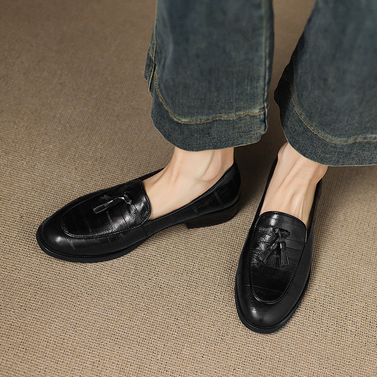 British style retro small leather shoes low-heeled loafers women's shoes 2025 autumn new fringed thick-heeled deep-mouth single shoes women