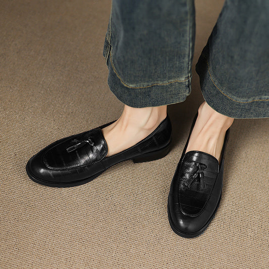 British style retro small leather shoes low-heeled loafers women's shoes 2025 autumn new fringed thick-heeled deep-mouth single shoes women