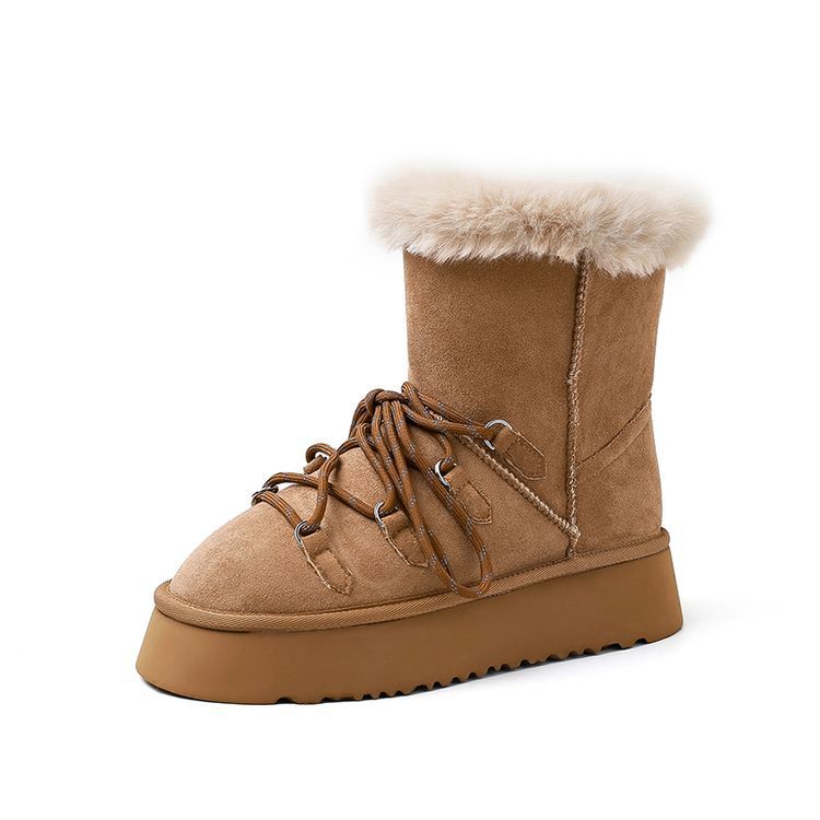 Thick-soled snow boots large-size women's boots 2024 winter new round head fashion sleeve comfortable medium heel fluffy short boots