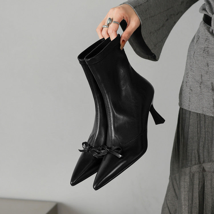 French elegant bow temperament high heel elastic thin boots women's boots 2025 autumn and winter new pointed thin heel short boots
