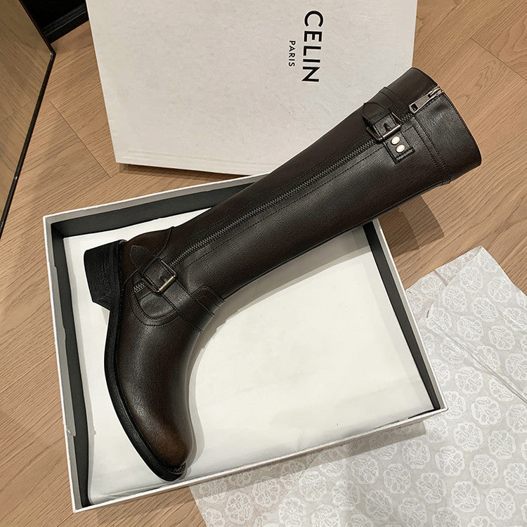 Skinny and versatile thick-heeled knight boots women's boots 2025 winter new round head trendy cool belt buckle middle heel but knee boots