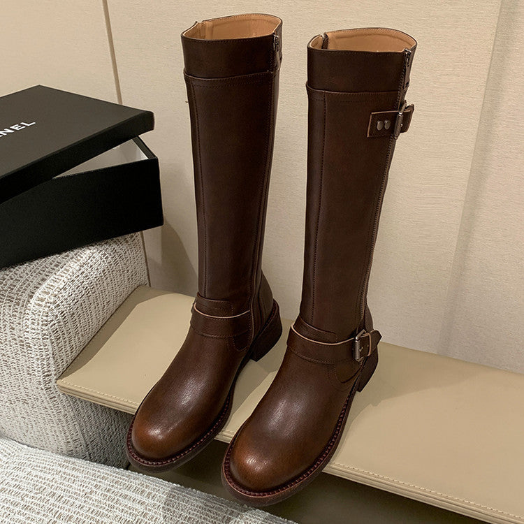 Skinny and versatile thick-heeled knight boots women's boots 2025 winter new round head trendy cool belt buckle middle heel but knee boots