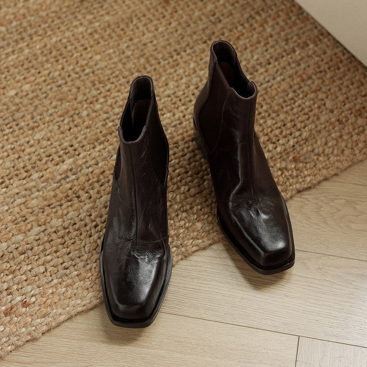 Retro pleated sheepskin thick heel small short boots women's boots 2025 autumn and winter new square head sleeve middle heel Chelsea boots women