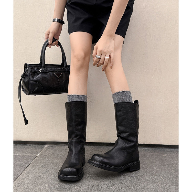 British retro textured cowhide square head thick heel medium boots 2025 autumn and winter new versatile medium heel fashion boots women