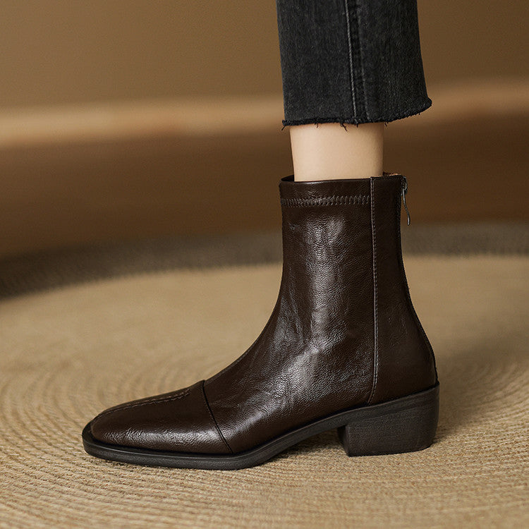 Retro style medium heel commuting comfortable small short boots women's 2025 autumn and winter new square head rear zipper thick heel fashion women's boots