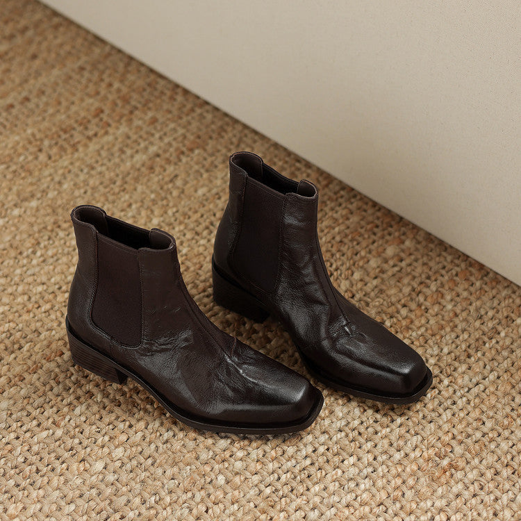 Retro pleated sheepskin thick heel small short boots women's boots 2025 autumn and winter new square head sleeve middle heel Chelsea boots women