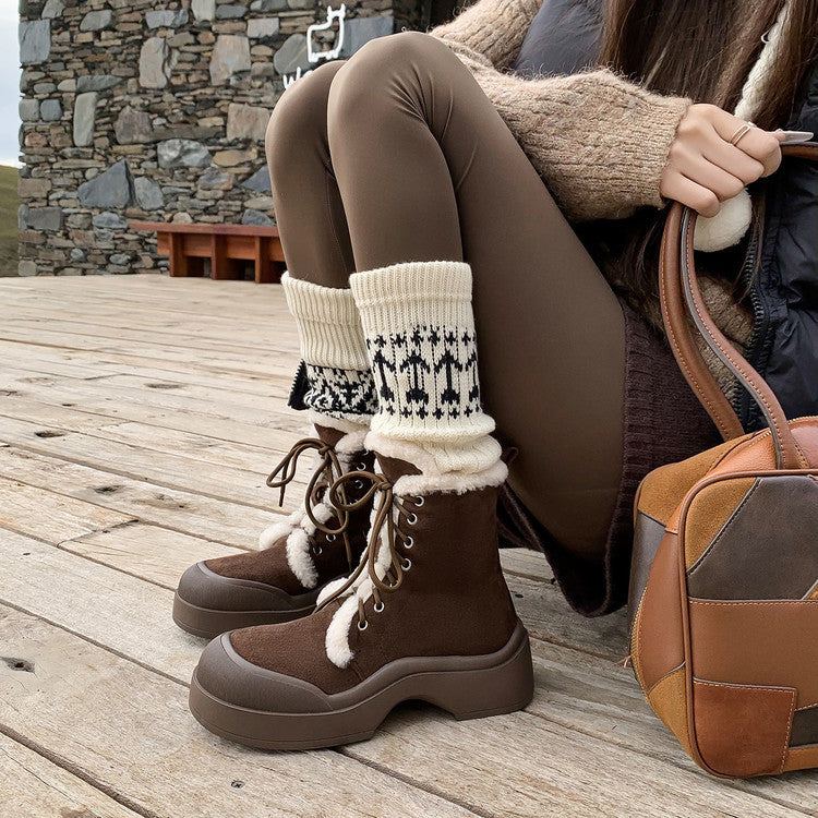 2025 winter new warm velvet snow boots women's boots fashionable splicing round head small thick sole lace-up short boots