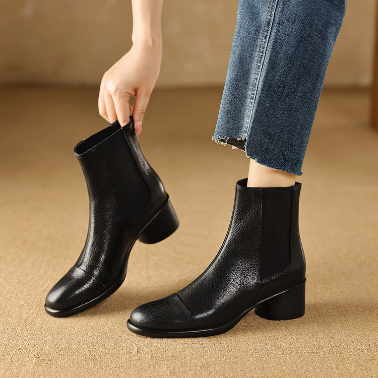 Soft sheepskin thick heel Chelsea boots women's boots 2025 autumn and winter new round head fashion splicing medium heel women's short boots