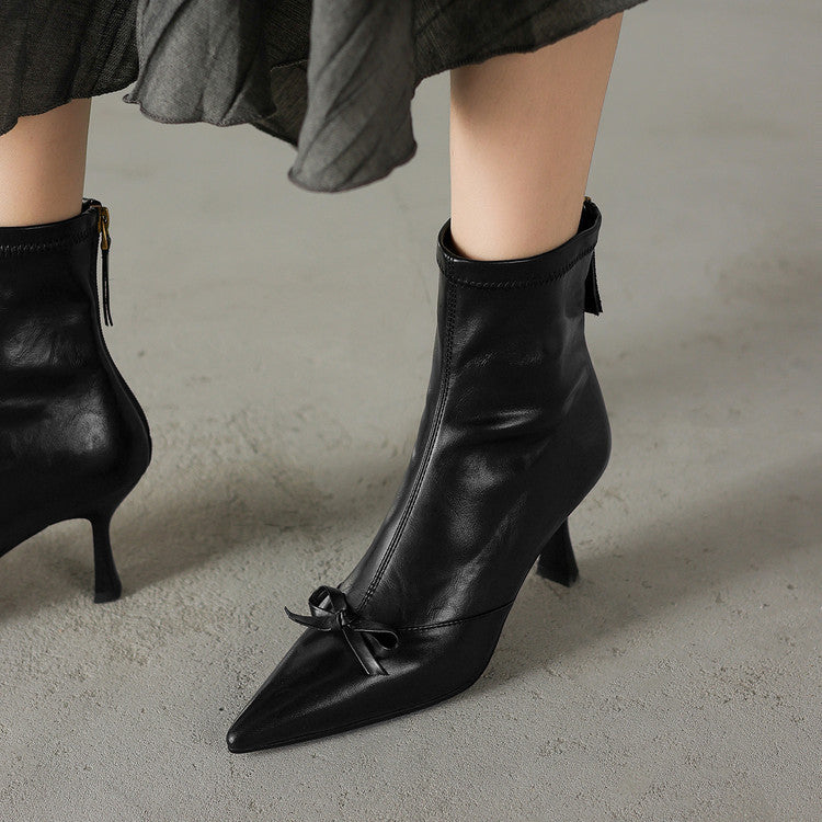 French elegant bow temperament high heel elastic thin boots women's boots 2025 autumn and winter new pointed thin heel short boots