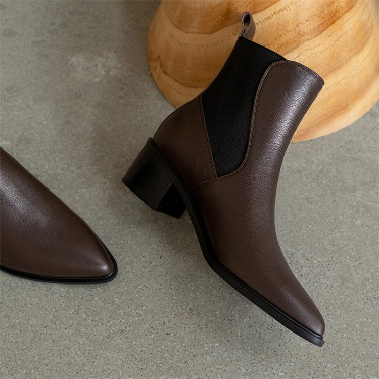 2024 new cowhide short boots brown pointed Chelsea boots women's thick heel medium heel British style short boots children's winter