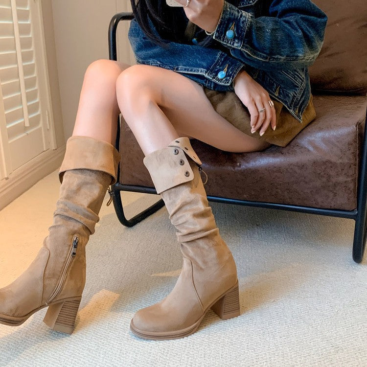 Trend metal buckle shows thin temperament high heel fashion boots women's 2025 autumn and winter new round head fashion pleated thick heel boots