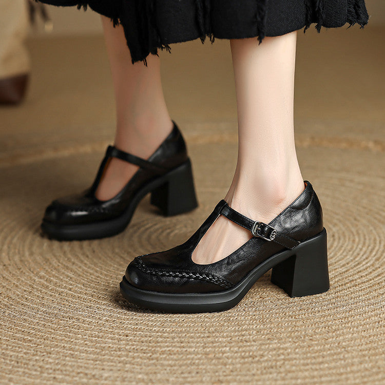 French woven hand-scratched sheepskin high heels 2025 autumn new fashion T-buckle with thick heel Mary Jane single shoes women