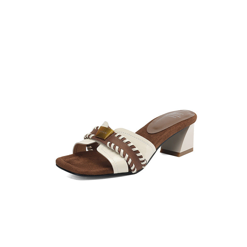 French fashion color matching thick heel outer slippers women's summer 2025 new metal square head open toe middle heel sandals